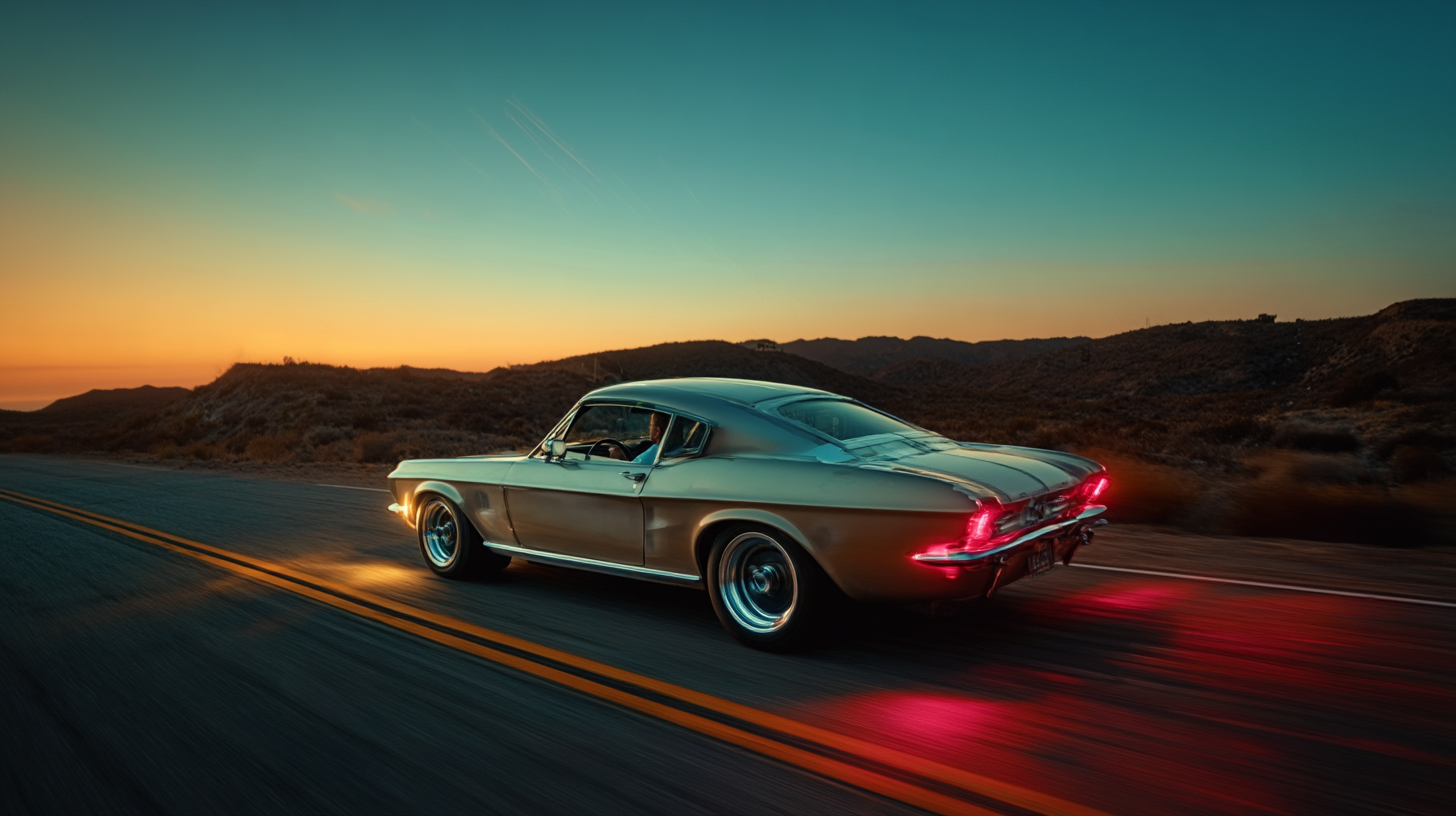 Classic car at golden hour on desert highway