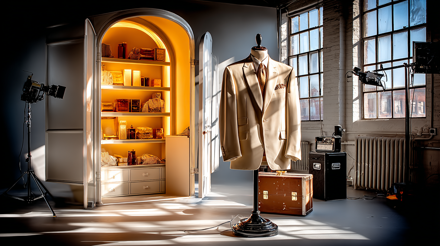 Mannequin in sunlit studio — bespoke suit with golden light
