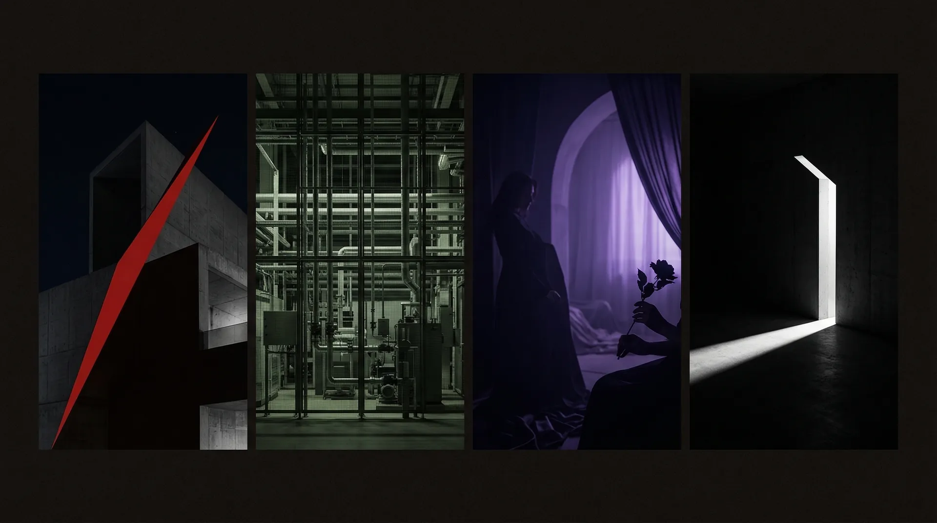 Four ALO Edition visual identities — RED, CONCRETE, VELVET, and VOID — each a distinct design language expressed through editorial light and color